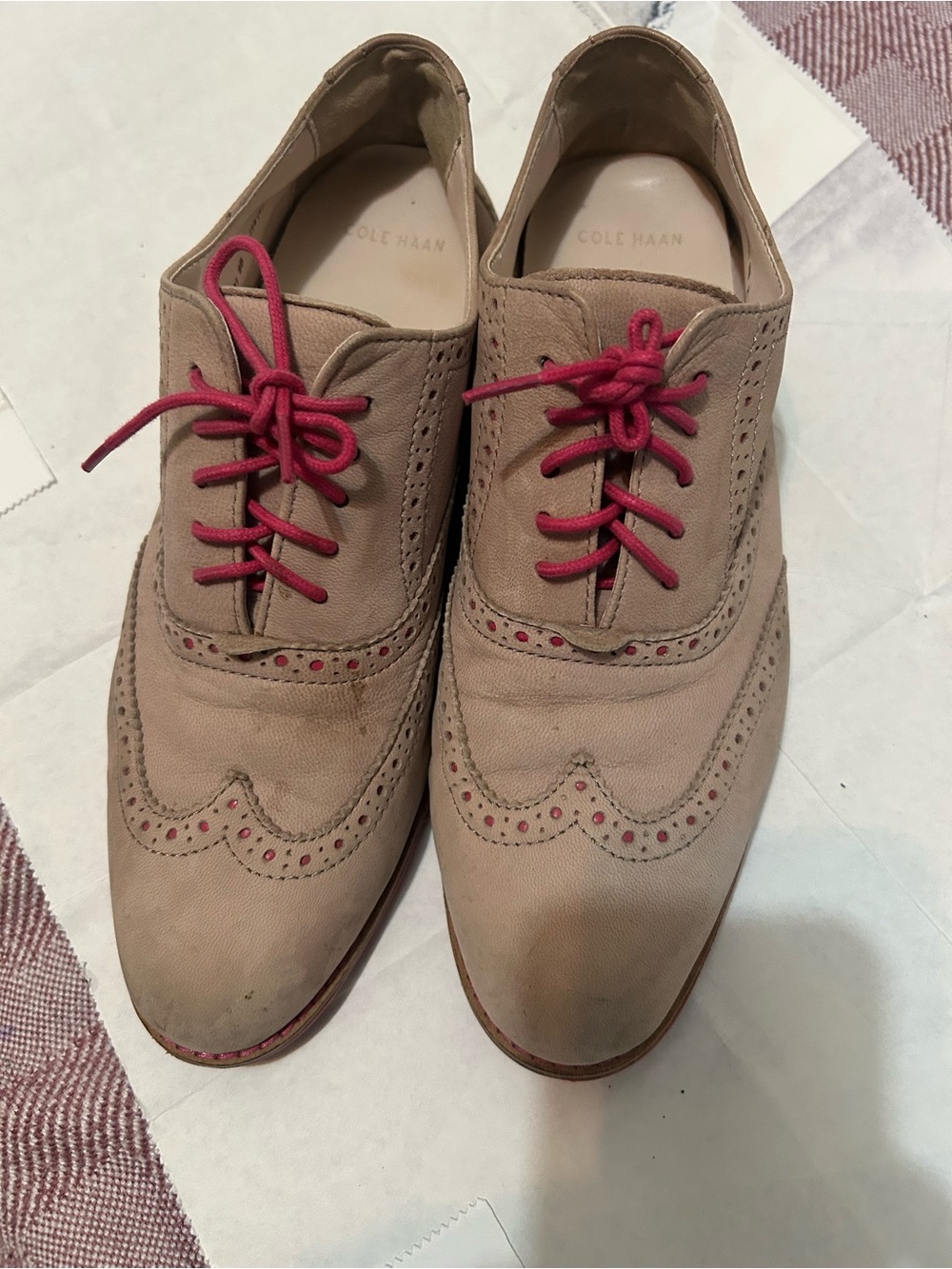 Cole Haan Tan Wingtip Oxfords with Pink Laces